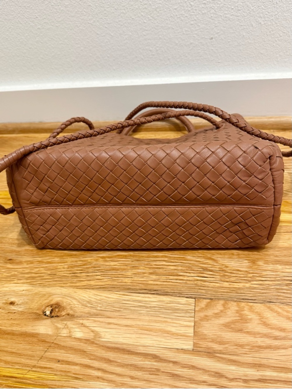 Large Quince Italian Leather Handwoven Satchel Cognac Woven Crossbody Tote Purse - Picture 6 of 6